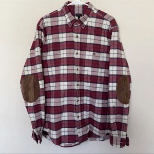 J Crew Men’s L Red Blue Plaid Chamois Flannel Button Down Leather Elbow Patches